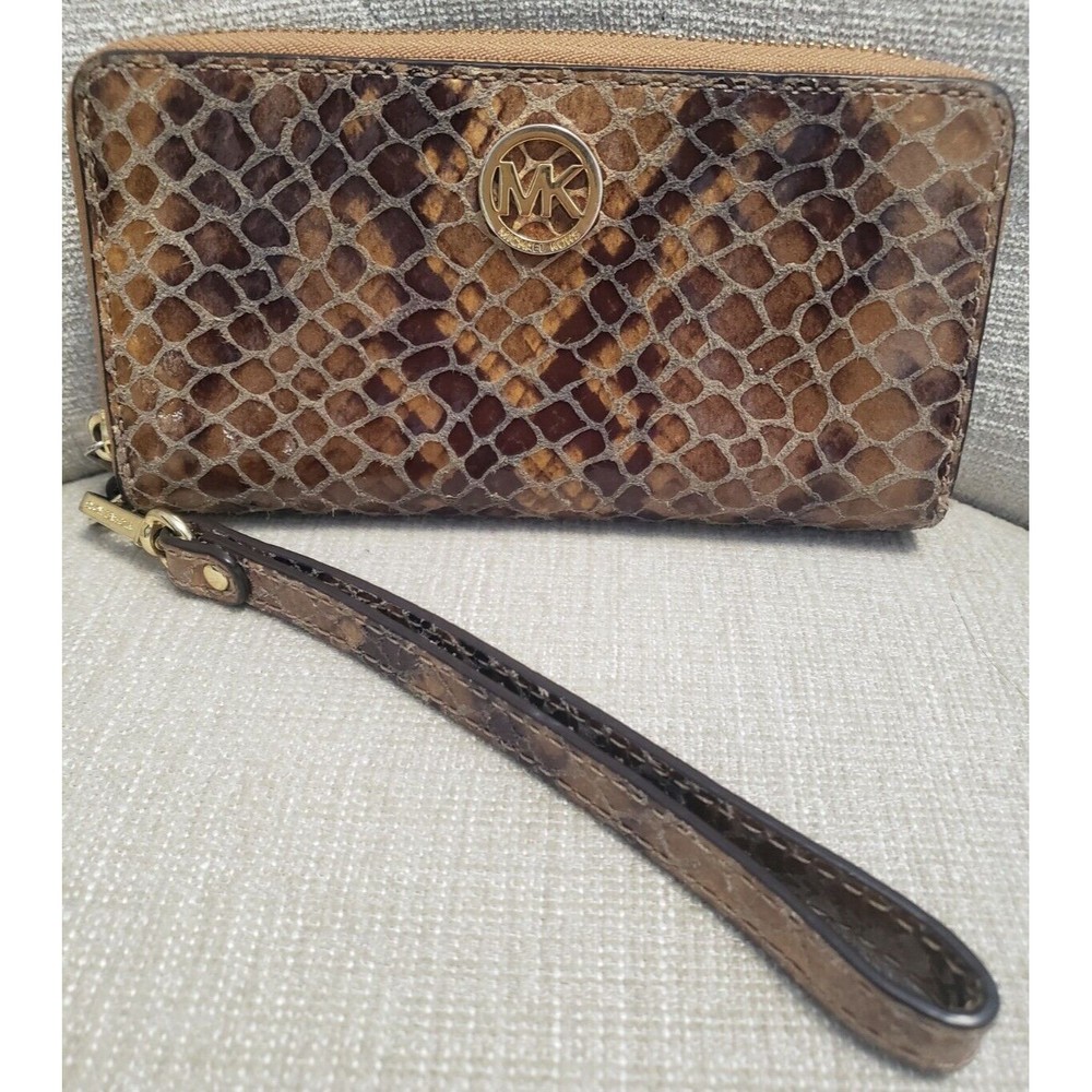 Michael Kors Reptile Snakeskin Brown Patent Leather Wallet Zip Around